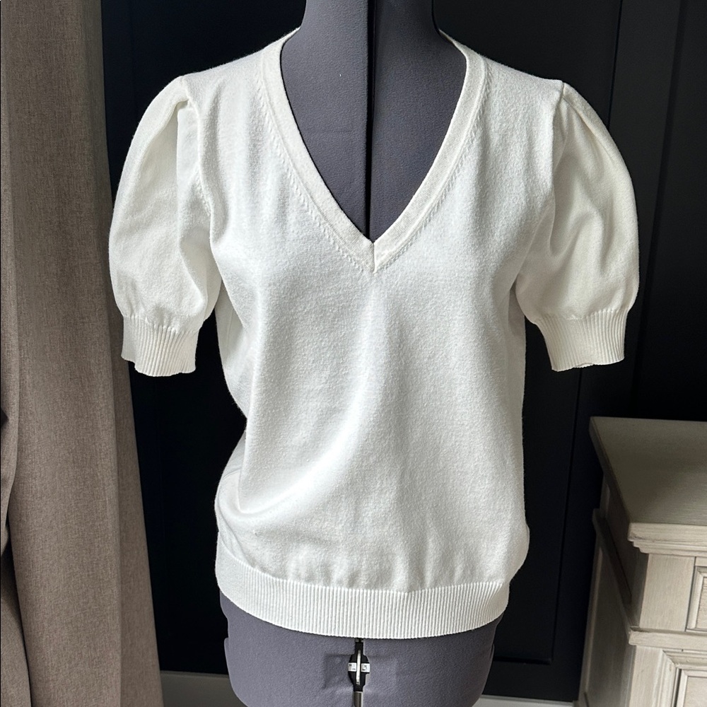 Bluivy White V-Neck Puff Short Sleeve Knit Top Sweater Large
